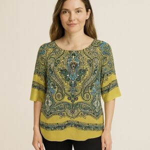 New York And Company Yellow Bohemian Paisley Cottagecore Gypsy Tunic Sz Med